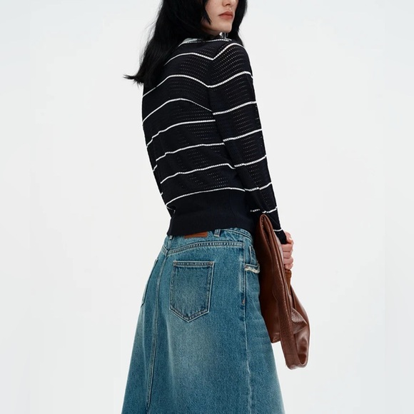 SELFWHO Black Openwork Knit Sweater Long Sleeve T-shirt Size Small - Picture 4 of 16